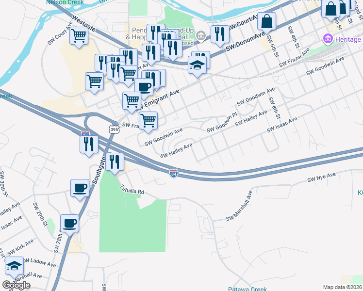 map of restaurants, bars, coffee shops, grocery stores, and more near 1613 Southwest Hailey Avenue in Pendleton