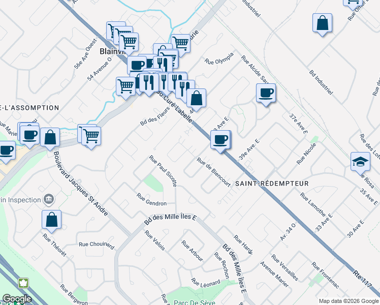 map of restaurants, bars, coffee shops, grocery stores, and more near 134 Biencourt Street in Blainville