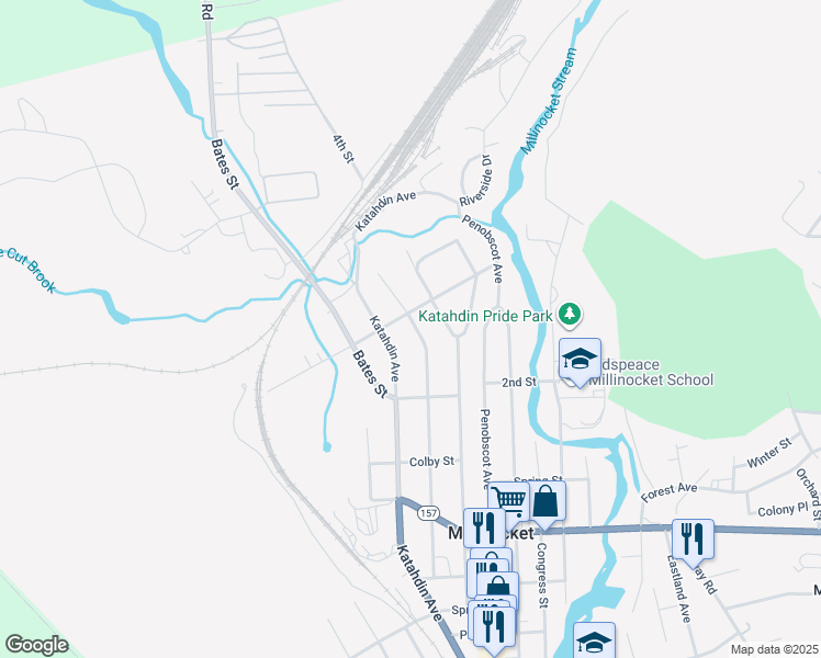 map of restaurants, bars, coffee shops, grocery stores, and more near 210 Maine Avenue in Millinocket