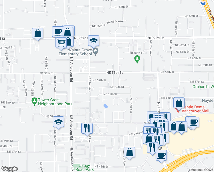map of restaurants, bars, coffee shops, grocery stores, and more near 5600 Northeast 74th Court in Vancouver
