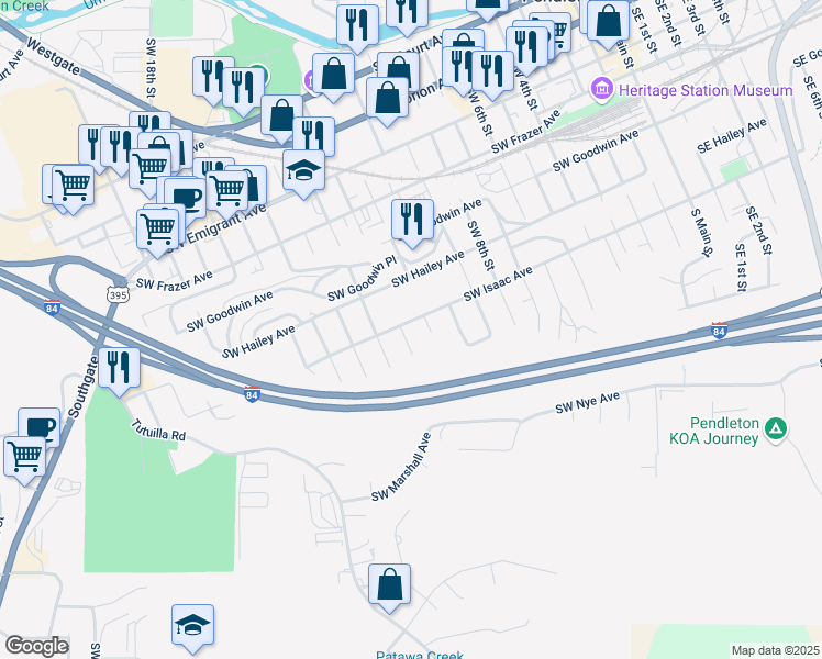map of restaurants, bars, coffee shops, grocery stores, and more near 807 Southwest 11th Street in Pendleton