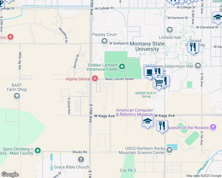 map of restaurants, bars, coffee shops, grocery stores, and more near 1523 Alder Court Lane in Bozeman