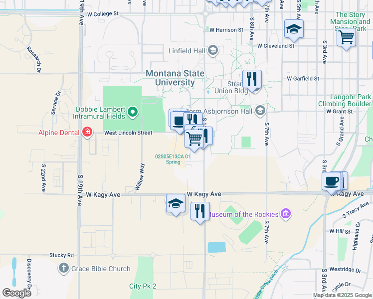 map of restaurants, bars, coffee shops, grocery stores, and more near 22 Tai Lane in Bozeman
