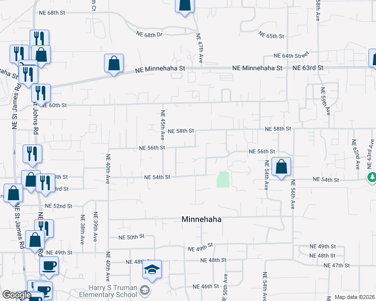 map of restaurants, bars, coffee shops, grocery stores, and more near 4615 Northeast 56th Street in Vancouver