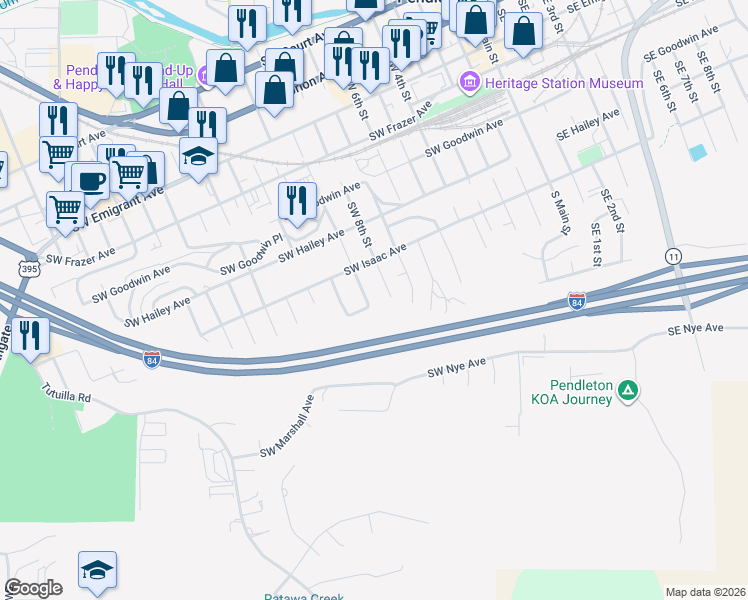 map of restaurants, bars, coffee shops, grocery stores, and more near 840 Southwest 9th Street in Pendleton
