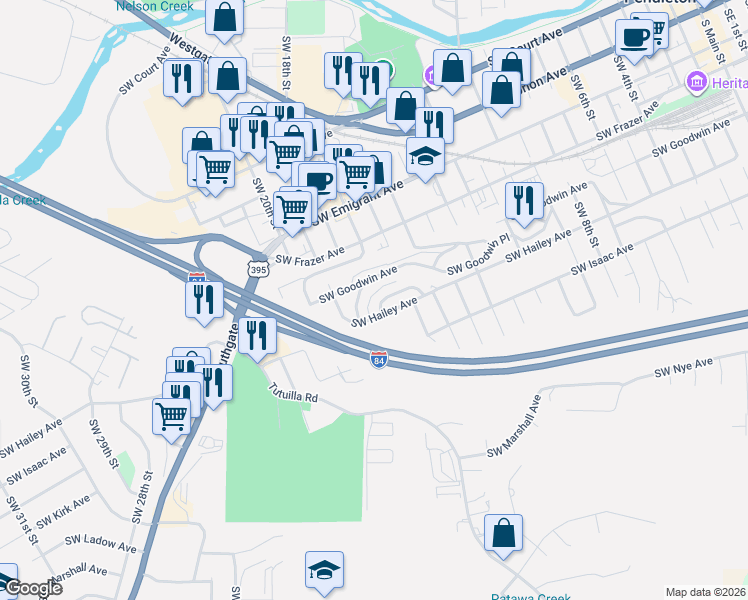 map of restaurants, bars, coffee shops, grocery stores, and more near 1804 Southwest Goodwin Place in Pendleton