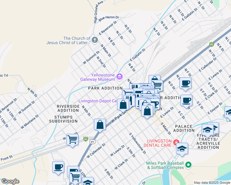 map of restaurants, bars, coffee shops, grocery stores, and more near 207 W Chinook St in Livingston