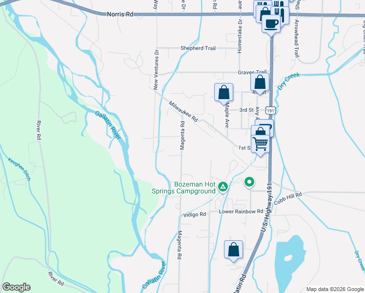 map of restaurants, bars, coffee shops, grocery stores, and more near 2441 Magenta Road in Bozeman