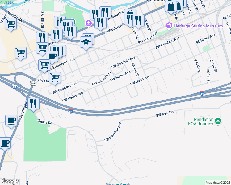 map of restaurants, bars, coffee shops, grocery stores, and more near 807 Southwest 11th Street in Pendleton