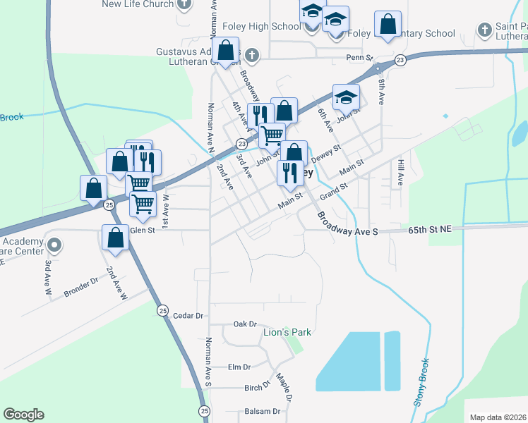 map of restaurants, bars, coffee shops, grocery stores, and more near 101 3rd Avenue in Foley
