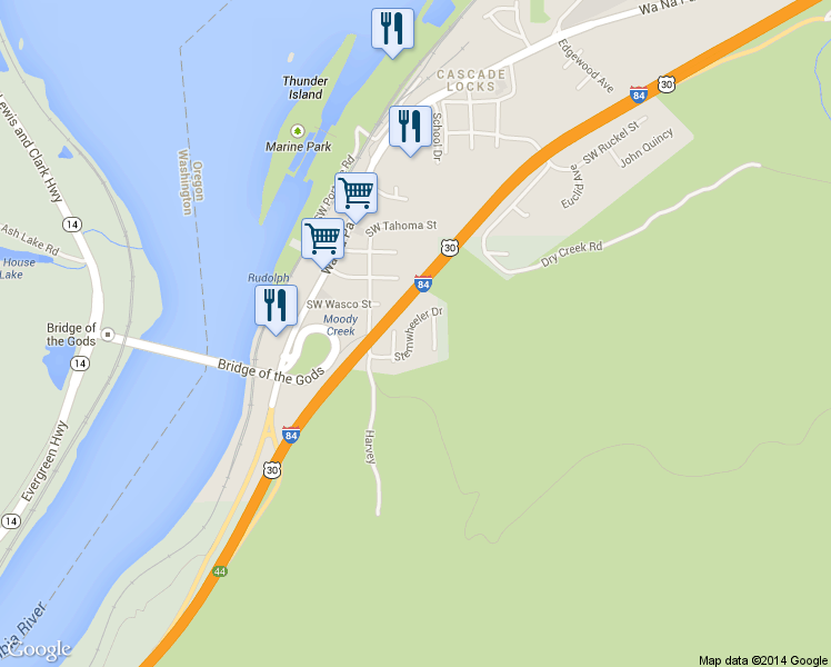 map of restaurants, bars, coffee shops, grocery stores, and more near 265 Sternwheeler Dr in Cascade Locks