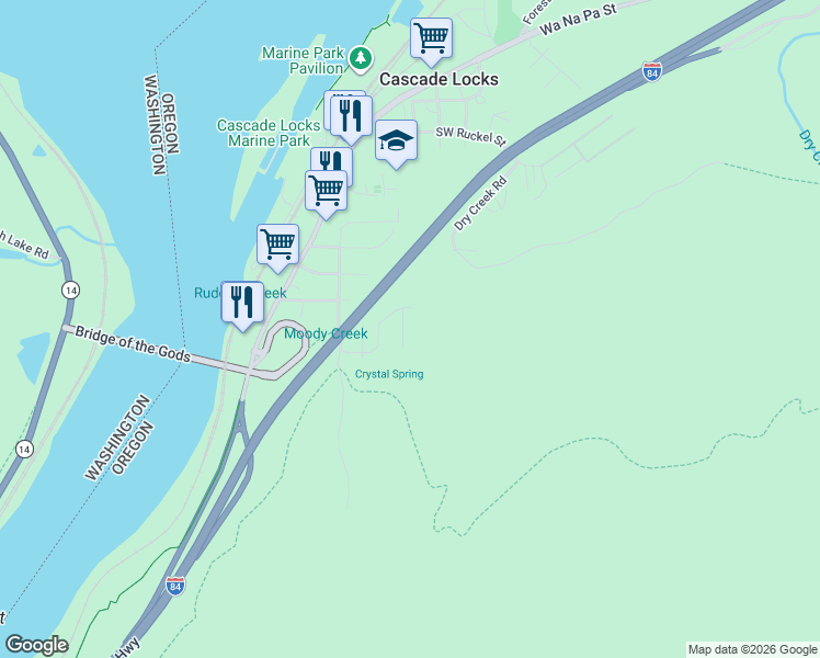 map of restaurants, bars, coffee shops, grocery stores, and more near 942 Spelling Place in Cascade Locks