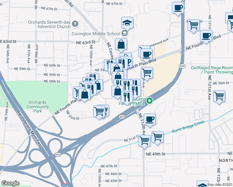 map of restaurants, bars, coffee shops, grocery stores, and more near 10818 Northeast Coxley Drive in Vancouver