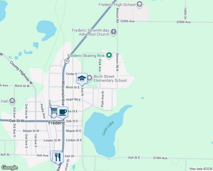 map of restaurants, bars, coffee shops, grocery stores, and more near 501 Birch Street East in Frederic