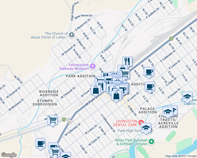map of restaurants, bars, coffee shops, grocery stores, and more near 308 North 2nd Street in Livingston