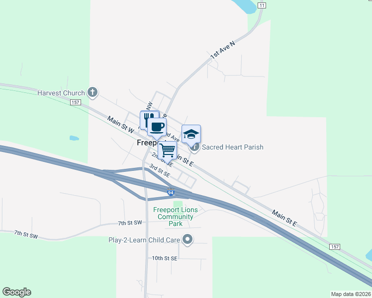 map of restaurants, bars, coffee shops, grocery stores, and more near 109 3rd Avenue Northeast in Freeport