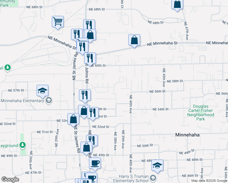 map of restaurants, bars, coffee shops, grocery stores, and more near 5701 Northeast Saint Johns Road in Vancouver