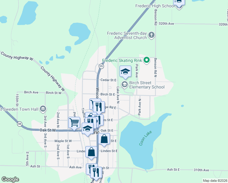 map of restaurants, bars, coffee shops, grocery stores, and more near 404 Polk Avenue North in Frederic