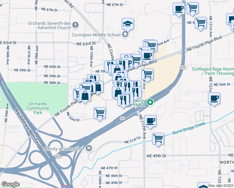 map of restaurants, bars, coffee shops, grocery stores, and more near 10818 Northeast Coxley Drive in Vancouver