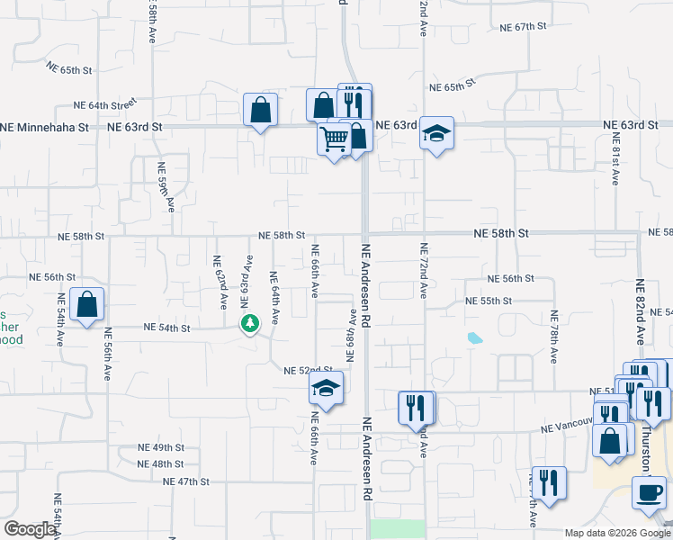 map of restaurants, bars, coffee shops, grocery stores, and more near 5601 Northeast 66th Avenue in Vancouver