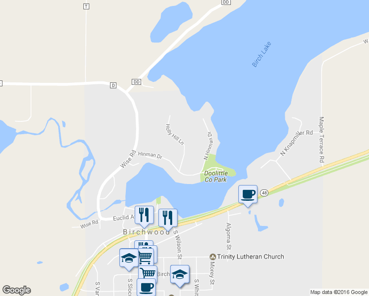 map of restaurants, bars, coffee shops, grocery stores, and more near 902 Holly Hill Lane in Birchwood