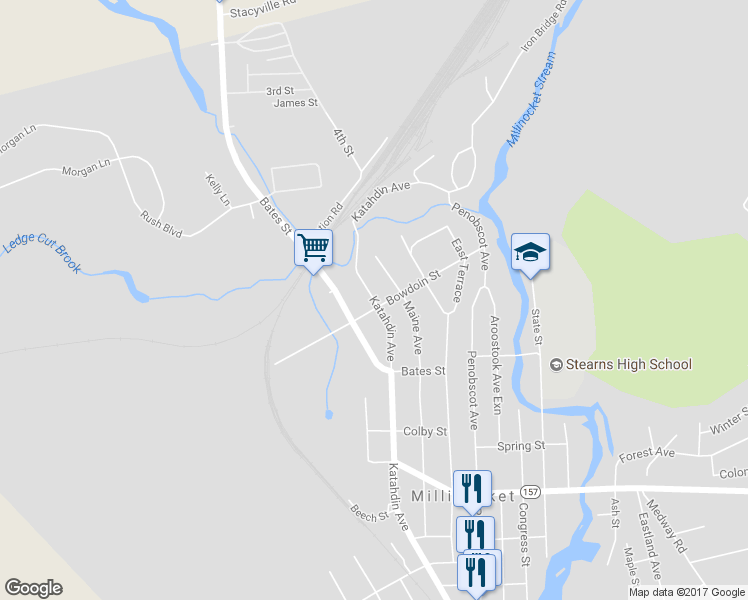 map of restaurants, bars, coffee shops, grocery stores, and more near 403 Katahdin Avenue in Millinocket