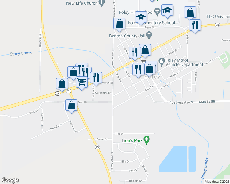 map of restaurants, bars, coffee shops, grocery stores, and more near 161 Dewey Street in Foley
