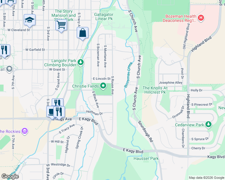 map of restaurants, bars, coffee shops, grocery stores, and more near 1601 South Rouse Avenue in Bozeman