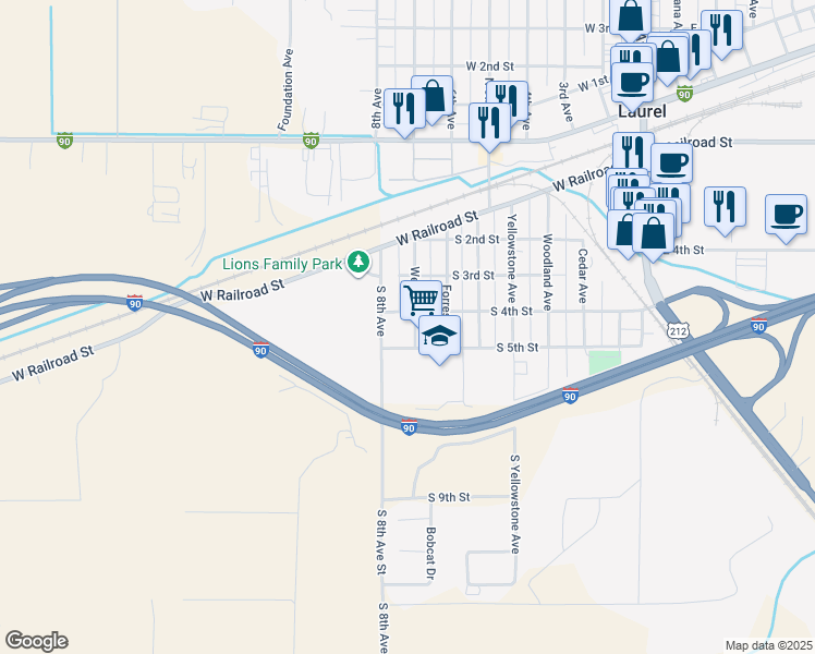 map of restaurants, bars, coffee shops, grocery stores, and more near 720 South 4th Street in Laurel