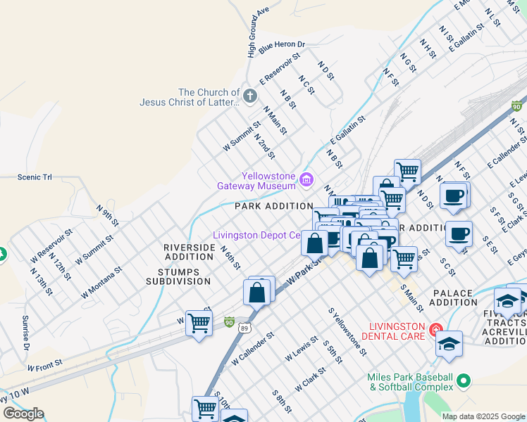 map of restaurants, bars, coffee shops, grocery stores, and more near 316 West Chinook Street in Livingston