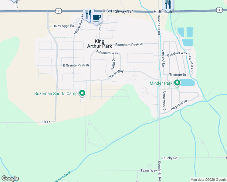 map of restaurants, bars, coffee shops, grocery stores, and more near 18 Sakers Way in Bozeman