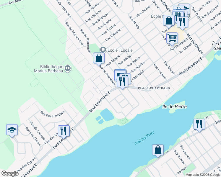 map of restaurants, bars, coffee shops, grocery stores, and more near 8035 Boulevard Lévesque Est in Laval