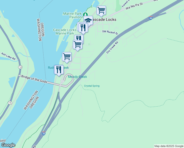 map of restaurants, bars, coffee shops, grocery stores, and more near 265 Sternwheeler Drive in Cascade Locks