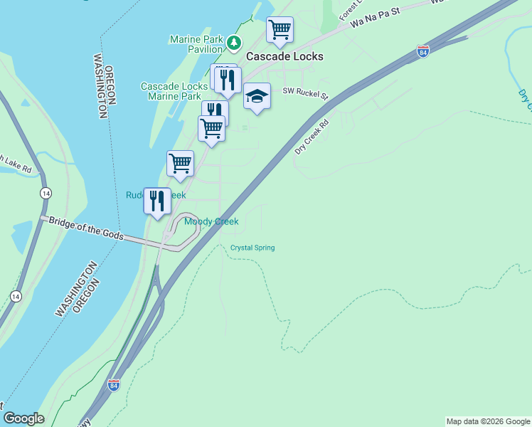 map of restaurants, bars, coffee shops, grocery stores, and more near 942 Spelling Place in Cascade Locks