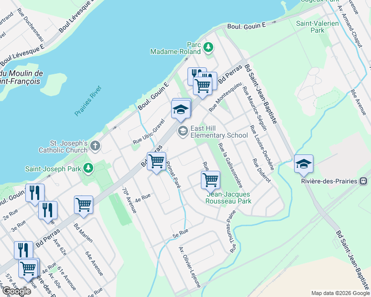 map of restaurants, bars, coffee shops, grocery stores, and more near 10293 Rue Marcel Raymond in Montréal