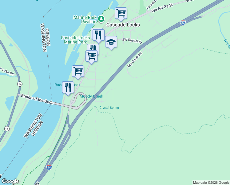 map of restaurants, bars, coffee shops, grocery stores, and more near 922 Spelling Place in Cascade Locks