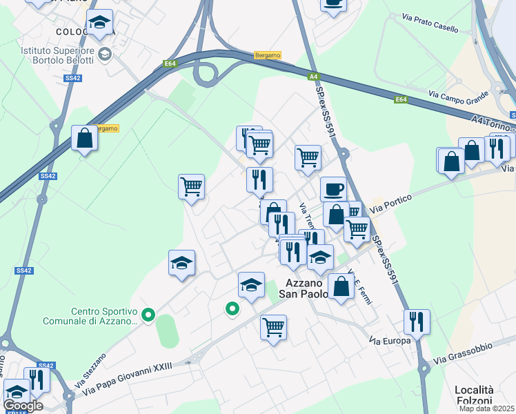 map of restaurants, bars, coffee shops, grocery stores, and more near 31 Via Piave in Azzano San Paolo