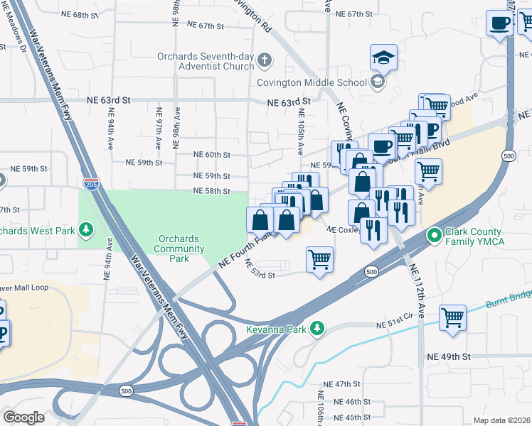 map of restaurants, bars, coffee shops, grocery stores, and more near 5701 Northeast 102nd Avenue in Vancouver