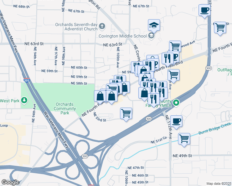map of restaurants, bars, coffee shops, grocery stores, and more near 10443 Northeast Fourth Plain Boulevard in Vancouver