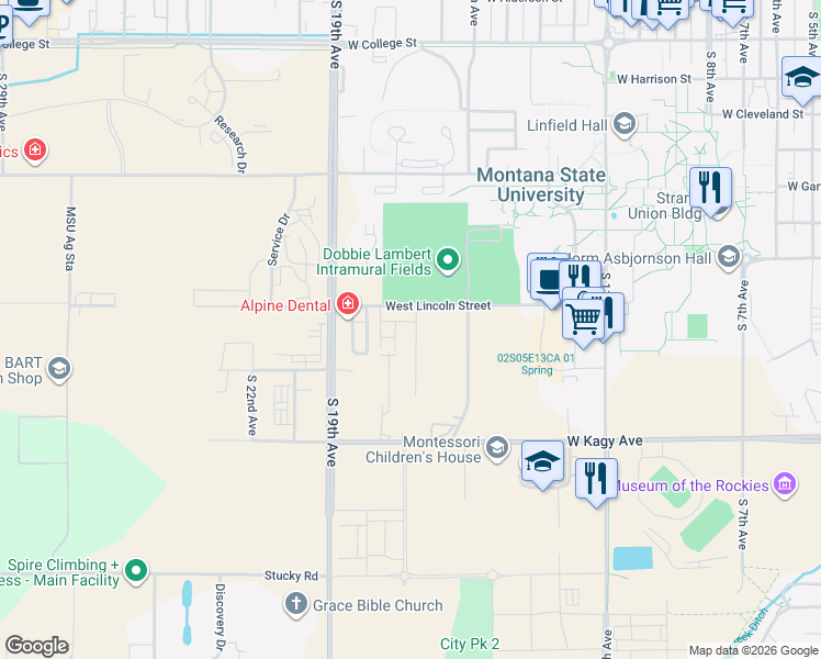 map of restaurants, bars, coffee shops, grocery stores, and more near 1523 Alder Court Lane in Bozeman