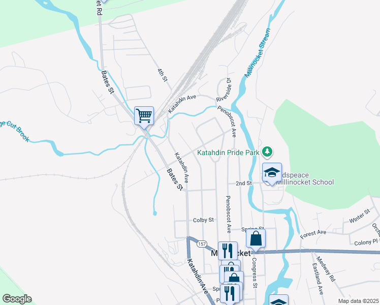 map of restaurants, bars, coffee shops, grocery stores, and more near 210 Maine Avenue in Millinocket