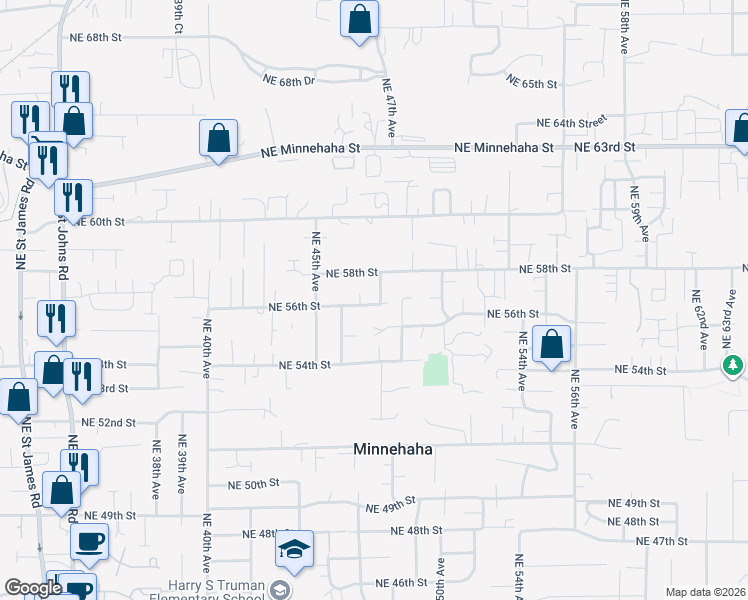 map of restaurants, bars, coffee shops, grocery stores, and more near 4615 Northeast 56th Street in Vancouver