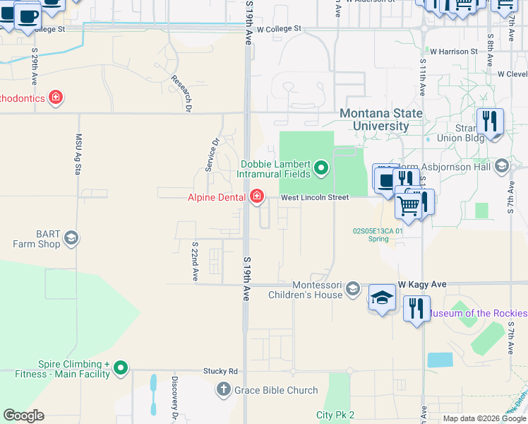 map of restaurants, bars, coffee shops, grocery stores, and more near 1604 Lloyd Street in Bozeman