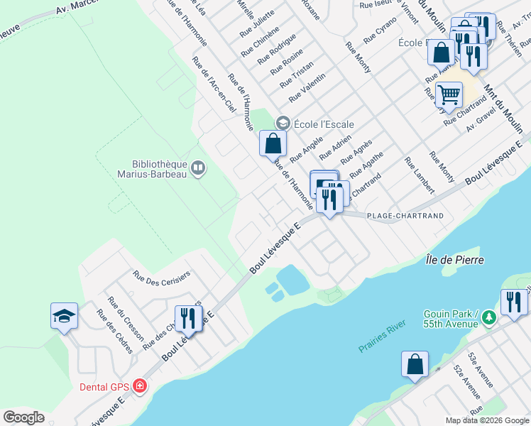 map of restaurants, bars, coffee shops, grocery stores, and more near 7512 Rue Angèle in Laval