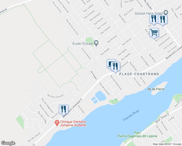map of restaurants, bars, coffee shops, grocery stores, and more near 7512 Rue Angèle in Laval