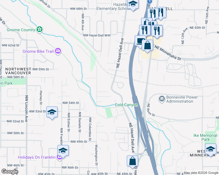 map of restaurants, bars, coffee shops, grocery stores, and more near 5610 Northeast Hazel Dell Avenue in Vancouver