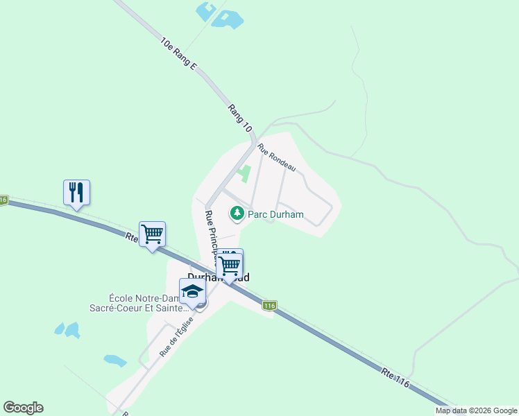 map of restaurants, bars, coffee shops, grocery stores, and more near 275 Rue Giguère in Durham-Sud