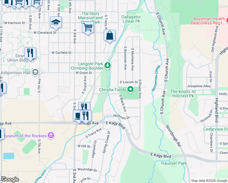 map of restaurants, bars, coffee shops, grocery stores, and more near 1601 South Black Avenue in Bozeman