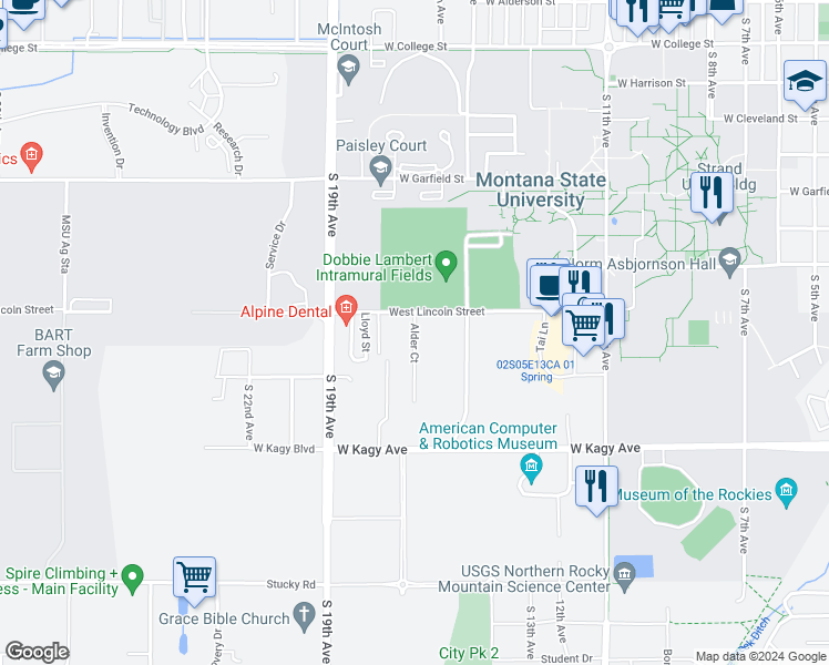 map of restaurants, bars, coffee shops, grocery stores, and more near 1523 Alder Court Lane in Bozeman
