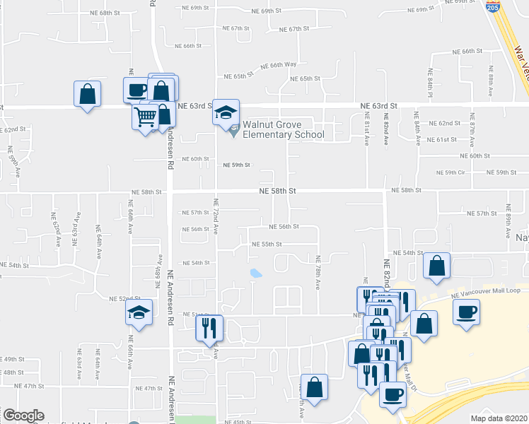 map of restaurants, bars, coffee shops, grocery stores, and more near 5616 Northeast 74th Court in Vancouver